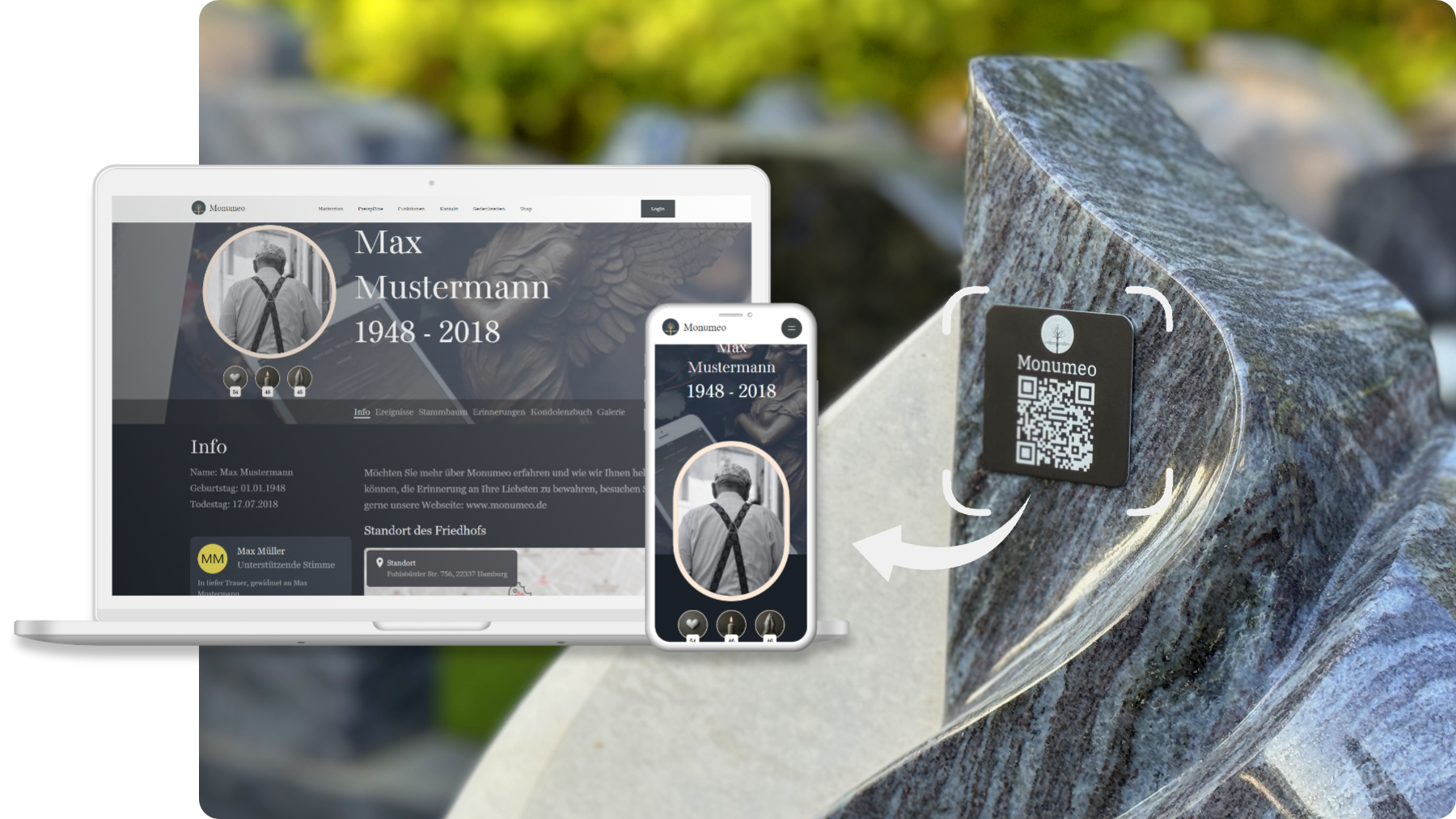 Person scannt QR-Code am Grabstein